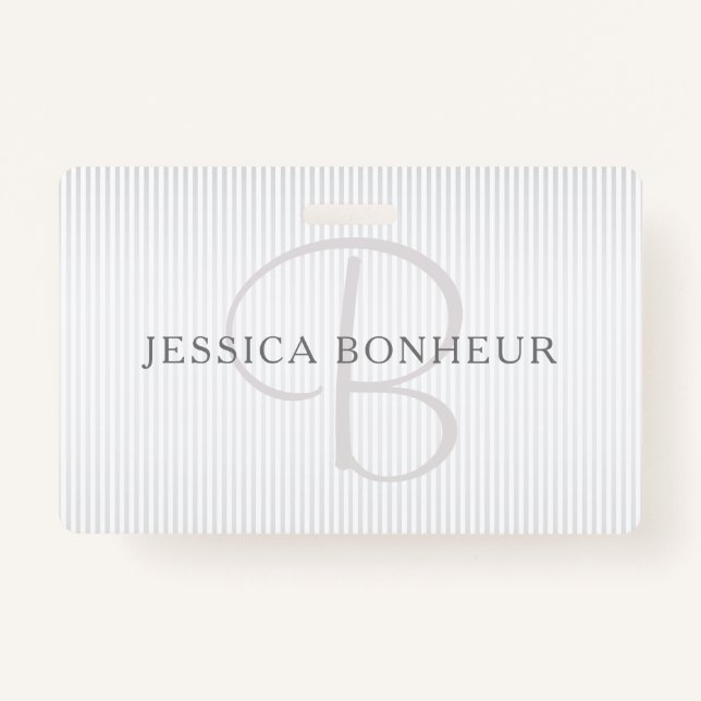Elegant Name Monogram & Thin Grey Ombre Stripes ID Badge (Front)