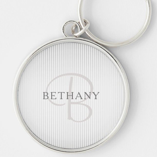 Elegant Name Monogram & Thin Grey Ombre Stripes Key Ring (Front)