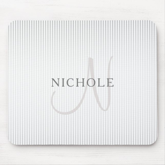 Elegant Name Monogram & Thin Grey Ombre Stripes Mouse Mat (Front)