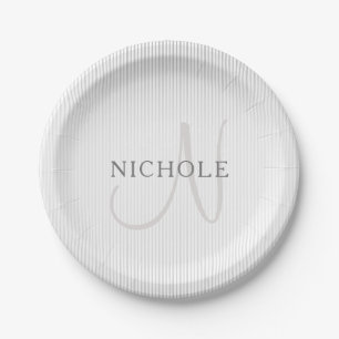 Elegant Name Monogram & Thin Grey Ombre Stripes Paper Plate