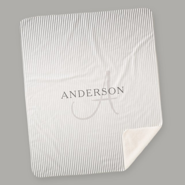 Elegant Name Monogram & Thin Grey Ombre Stripes Sherpa Blanket (Creator Uploaded)
