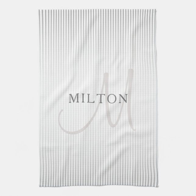 Elegant Name Monogram & Thin Grey Ombre Stripes Tea Towel (Vertical)