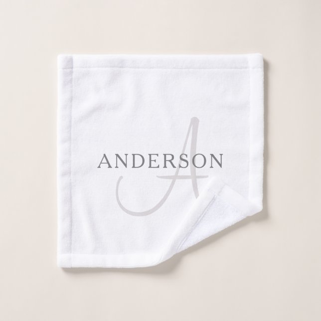 Elegant Name Monogram | White & Grey Bath Towel Set (Wash Cloth)