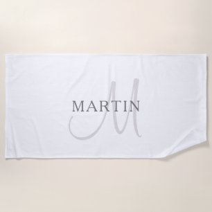 Elegant Name Monogram & White & Grey Beach Towel