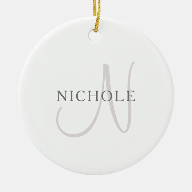 Elegant Name Monogram | White & Grey Ceramic Tree Decoration (Front)