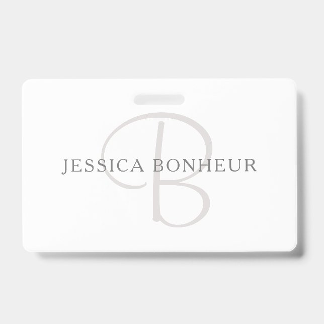 Elegant Name Monogram | White & Grey ID Badge (Front)