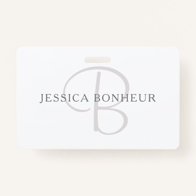 Elegant Name Monogram | White & Grey ID Badge (Front)