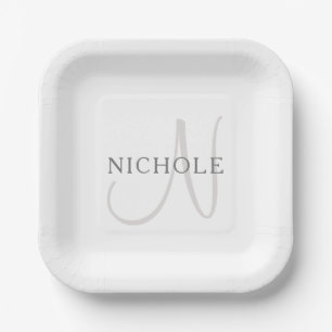 Elegant Name Monogram White & Grey Paper Plate