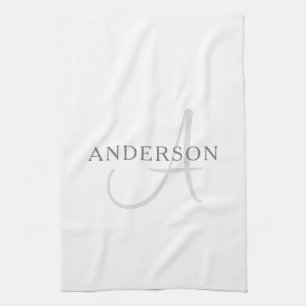 Elegant Name Monogram   White & Grey Tea Towel