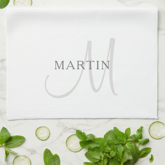Elegant Name Monogram | White & Grey Tea Towel (Folded)