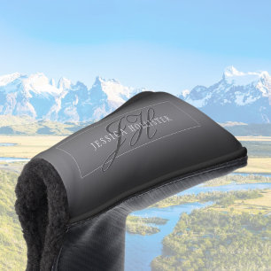 Elegant Name & Monogrammed Initials Black & Grey Golf Head Cover