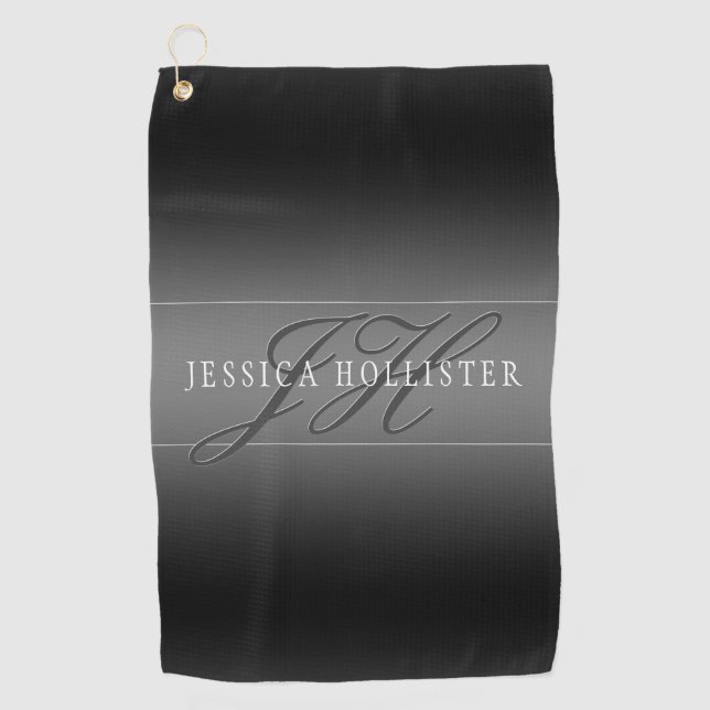 Elegant Name & Monogrammed Initials | Black & Grey Golf Towel (Front)