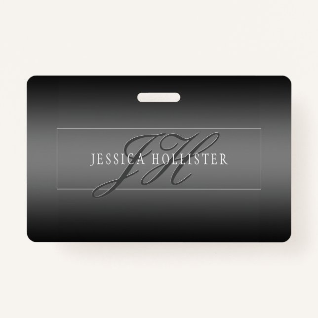 Elegant Name & Monogrammed Initials | Black & Grey ID Badge (Front)