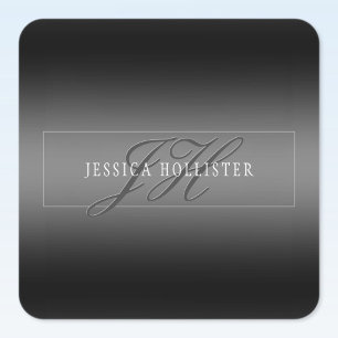 Elegant Name & Monogrammed Initials   Black & Grey Square Sticker