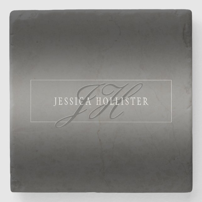 Elegant Name & Monogrammed Initials | Black & Grey Stone Coaster (Front)