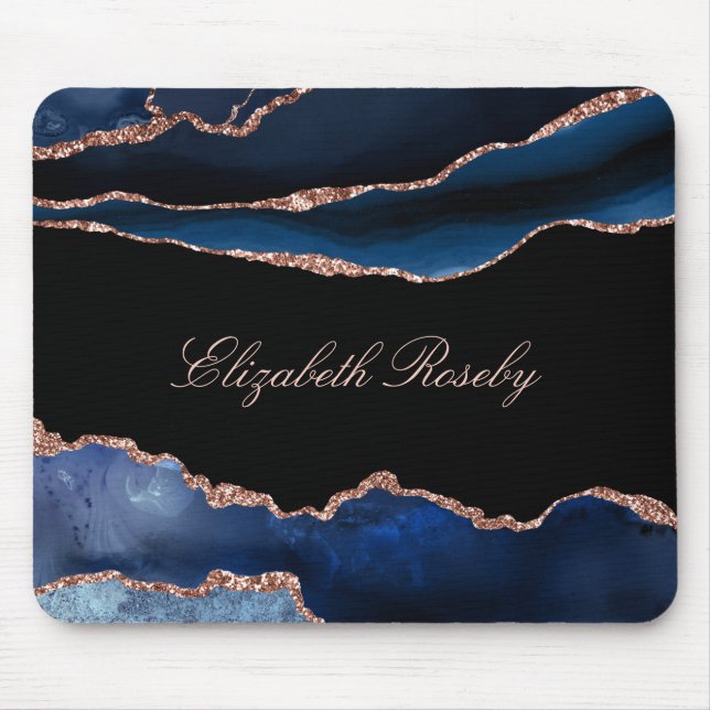 Elegant Name Navy Blue Rose Gold Agate Black Mouse Mat (Front)