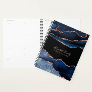 Elegant Name Navy Blue Rose Gold Geode Business Planner