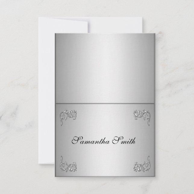 Elegant name place cards_silver floral swirl invitation (Front)