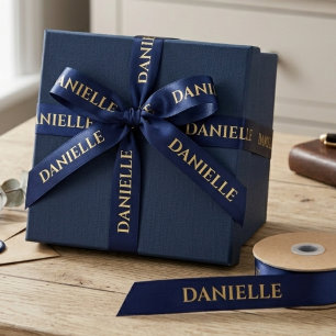 Elegant Name Satin Ribbon Navy & Gold Script