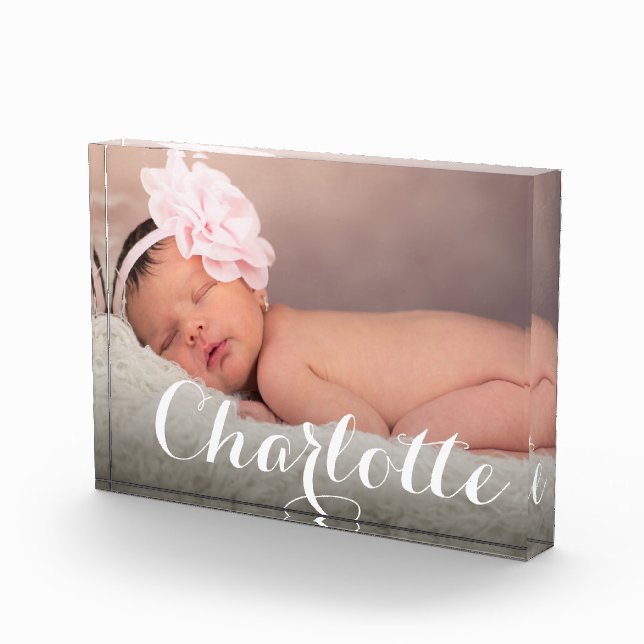Elegant Name Script Overlay Custom Baby Photo  Block (Right)