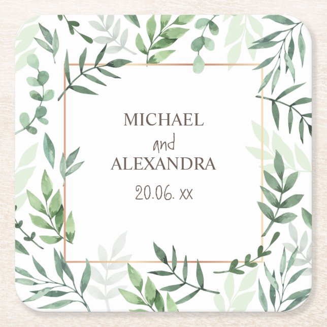 Elegant Name Watercolor Rustic Greenery Wedding  Square Paper Coaster (Front)