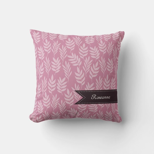 Elegant Name With Chic Pink Leaves Pattern Cushion (Front)