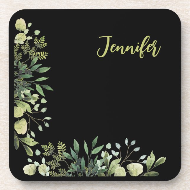 Elegant named botanical frame leaves black coaster (Front)