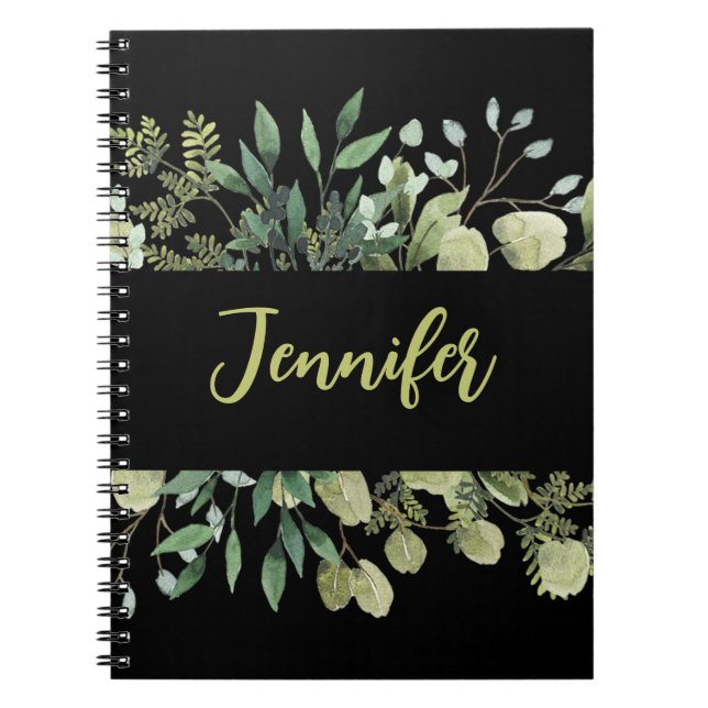 Elegant named botanical frame leaves black notebook (Front)