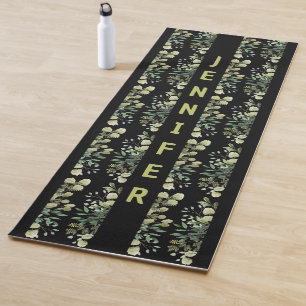 Elegant named botanical frame leaves black yoga mat
