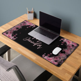 Elegant named watercolor magnolia floral black desk mat