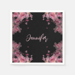 Elegant named watercolor magnolia floral black   napkin