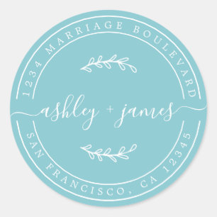 Elegant Names Angel Blue Wedding Return Address Classic Round Sticker