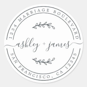Elegant Names Black White Wedding Return Address Classic Round Sticker