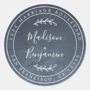 Elegant Names Blue Wedding Return Address Classic Round Sticker