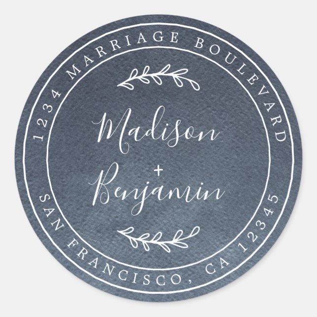 Elegant Names Blue Wedding Return Address Classic Round Sticker (Front)