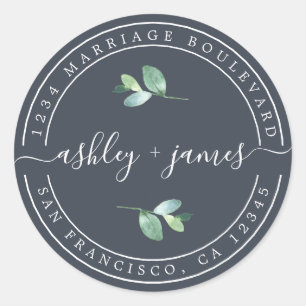 Elegant Names Dark Blue Wedding Return Address Classic Round Sticker