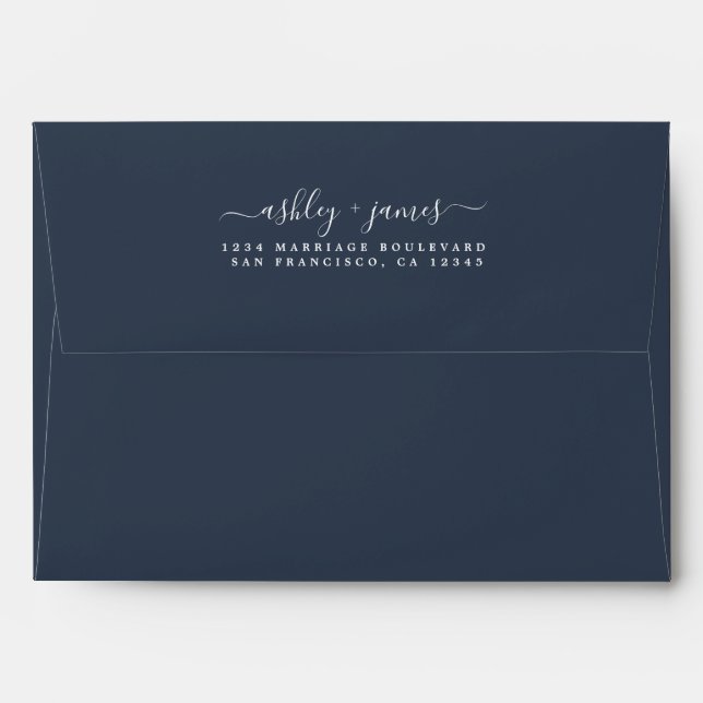 Elegant Names Dark Blue Wedding Return Address Envelope (Back (Top Flap))