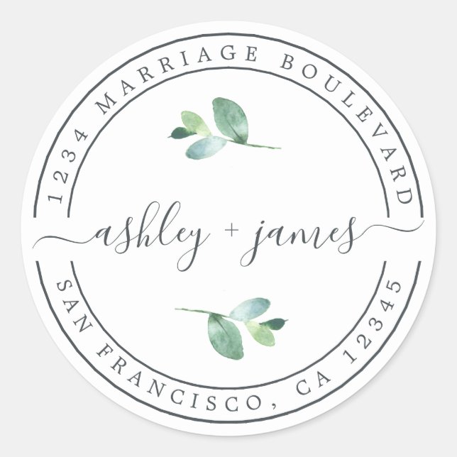 Elegant Names Eucalyptus Wedding Return Address Classic Round Sticker (Front)