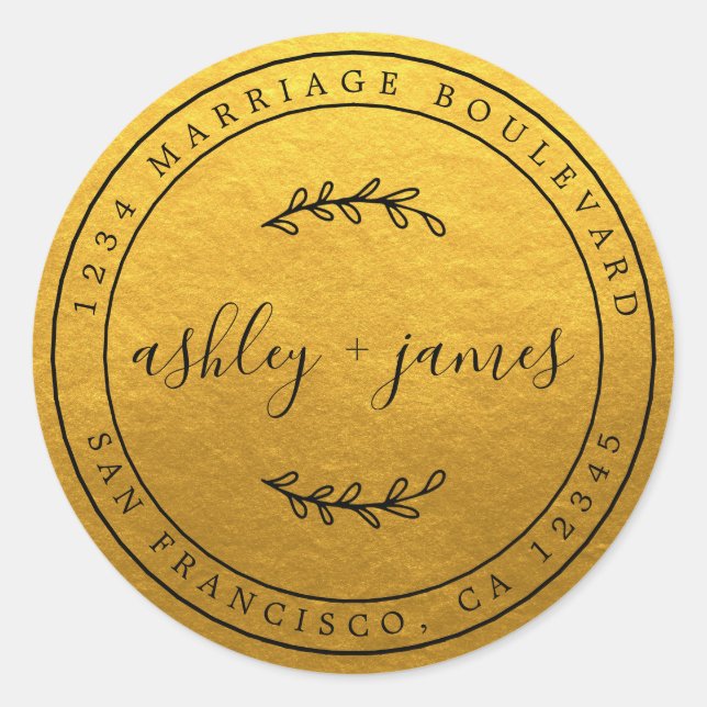 Elegant Names Gold Wedding Return Address Classic Round Sticker (Front)