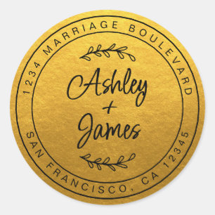 Elegant Names Gold Wedding Return Address Classic Round Sticker