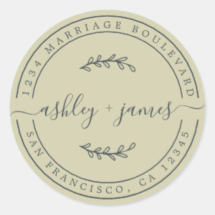 Elegant Names Green Wedding Return Address Classic Round Sticker