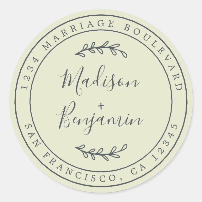Elegant Names Green Wedding Return Address Classic Round Sticker (Front)