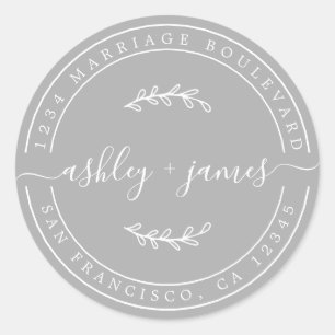 Elegant Names Grey Wedding Return Address Classic Round Sticker