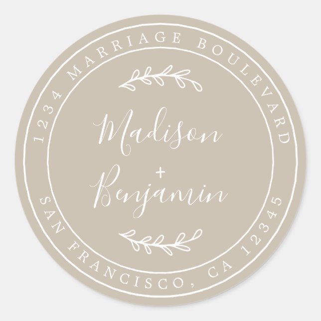 Elegant Names Grey Wedding Return Address Classic Round Sticker (Front)