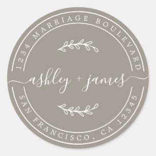 Elegant Names Grey Wedding Return Address Classic Round Sticker