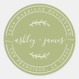 Elegant Names Leaf Green Wedding Return Address Classic Round Sticker