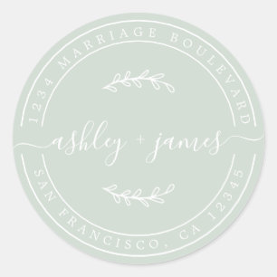 Elegant Names Milky Green Wedding Return Address Classic Round Sticker