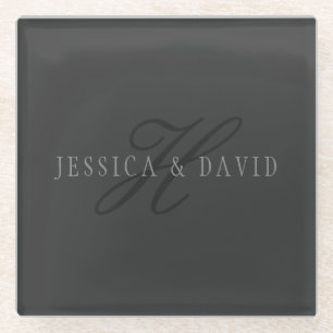 Elegant Names & Monogram Dark & Light Greys Glass Coaster