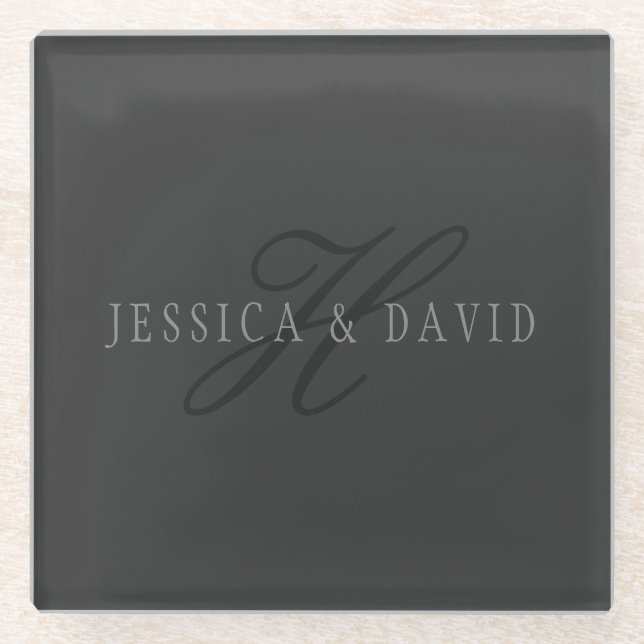 Elegant Names & Monogram | Dark & Light Greys Glass Coaster (Front)