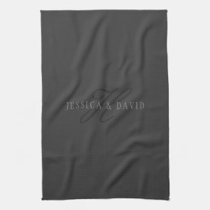 Elegant Names & Monogram   Dark & Light Greys Tea Towel